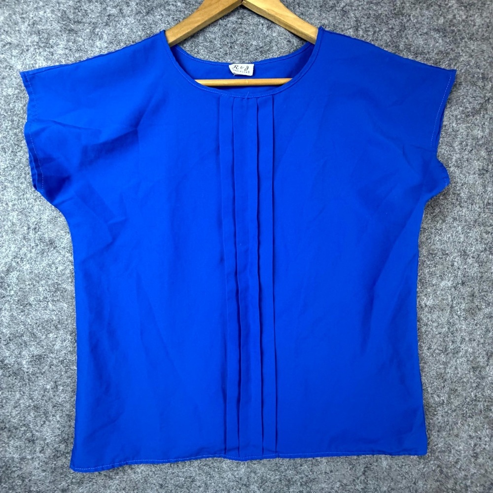 Vintage R & J Secretary Blouse Womens Large Royal Blue Shell Pleated Capsule